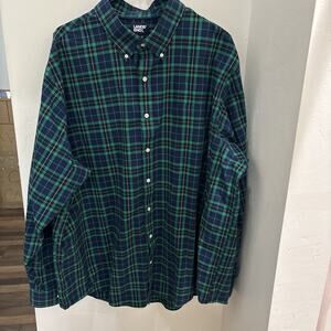 Lands' END Men Long Sleeve Cotton Plaid Blue/Green Button-Up Shirt Size 2XL/Tall